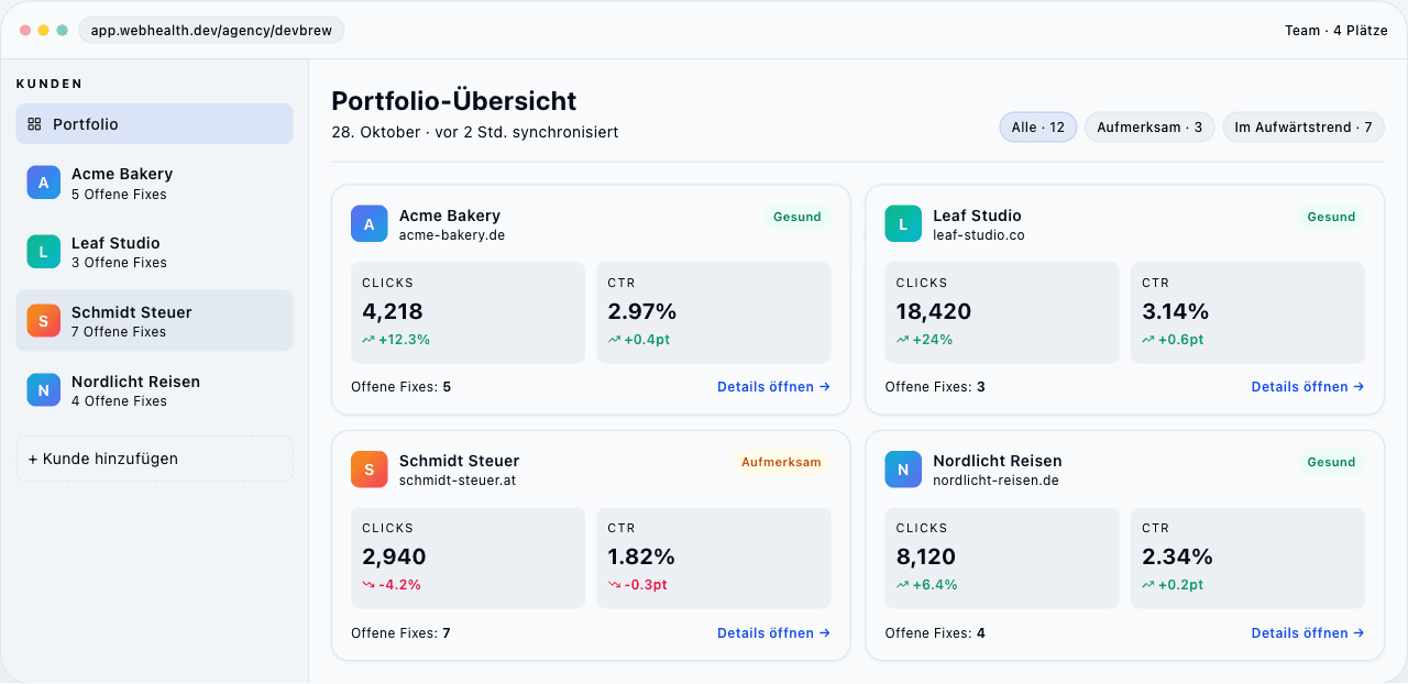 Screenshot of a fictional WebHealth agency workspace with client overview and SEO action items